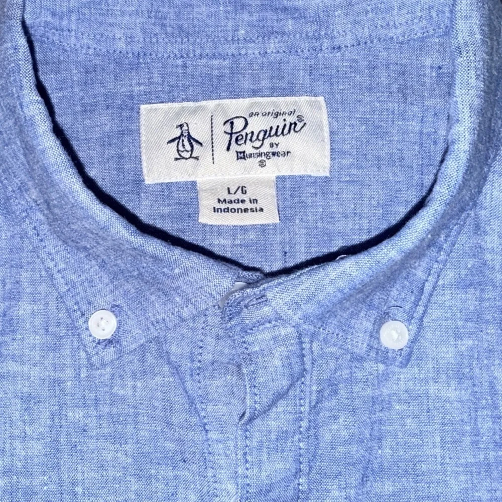 Original Penguin Linen Blend Button-Down Shirt Blue Chambray L Casual ResortWear - Picture 1 of 10